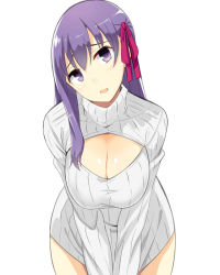 Rule 34 | 1girl, blush, breasts, cleavage, cleavage cutout, clothing cutout, curvy, fate/stay night, fate (series), hair ribbon, huge breasts, leaning forward, long hair, looking at viewer, matou sakura, meme attire, open-chest sweater, open mouth, purple eyes, purple hair, q (a72pgc), ribbed sweater, ribbon, simple background, solo, standing, sweater, turtleneck, white background, wide hips