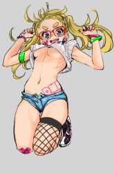 Rule 34 | 1girl, bangle, blonde hair, blue eyes, bracelet, breasts, commentary request, crop top, dekomegane, denim, denim shorts, fishnet thighhighs, fishnets, full body, glasses, grey background, highres, jewelry, jumping, long hair, looking at viewer, medium breasts, micro shorts, navel, open mouth, original, red-framed eyewear, sasetsu, shoes, shorts, simple background, single thighhigh, sketch, smile, sneakers, solo, thick eyebrows, thighhighs, underboob