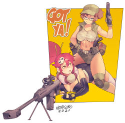 Rule 34 | 2girls, anti-materiel rifle, artist name, ass, bikini, black-framed eyewear, black shorts, blue eyes, breasts, brown hair, closed mouth, commentary, crossover, dated, english commentary, english text, fio germi, glasses, green headwear, grey shorts, gun, hair between eyes, hair ornament, handgun, hat, highres, holding, holding gun, holding weapon, large breasts, long hair, looking at another, lying, metal slug, multiple girls, norasuko, on stomach, pistol, ponytail, red hair, rifle, scarf, short hair, shorts, signature, simple background, sitting, sitting on person, skull hair ornament, smile, sniper rifle, snk, striped clothes, striped scarf, swimsuit, tengen toppa gurren lagann, thighs, two-tone background, weapon, white background, yellow background, yellow eyes, yoko littner