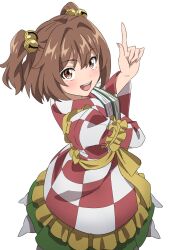 Rule 34 | 1girl, apron, bell, book, brown eyes, brown hair, checkered clothes, checkered kimono, green skirt, gyouza (mhea5724), hair bell, hair ornament, highres, holding, holding book, japanese clothes, kimono, looking at viewer, motoori kosuzu, pointing, skirt, solo, touhou, two side up, white background, yellow apron