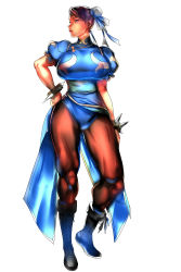 Rule 34 | 1girl, absurdres, bracelet, breasts, brown eyes, brown hair, bun cover, capcom, china dress, chinese clothes, chun-li, double bun, dress, highres, jewelry, judge (oekaki), pantyhose, pelvic curtain, solo, spiked bracelet, spikes, street fighter, thick thighs, thighs