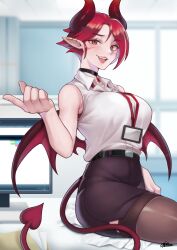 Rule 34 | 1girl, absurdres, black skirt, blush, breasts, brown eyes, brown pantyhose, choker, collared shirt, demon girl, demon horns, demon tail, demon wings, fang, gaothun, highres, horns, lanyard, large breasts, lips, looking at viewer, monitor, office lady, original, pantyhose, pencil skirt, pointing, pointing at viewer, pointy ears, red hair, shirt, short hair, sitting, skirt, sleeveless, sleeveless shirt, smile, solo, tail, teeth, upper teeth only, white shirt, wings