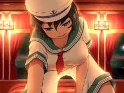 Rule 34 | 1girl, assertive female, black hair, breasts, cleavage, come hither, curtains, girl on top, green eyes, hat, large breasts, looking at viewer, murasa minamitsu, naughty face, neckerchief, open mouth, sailor hat, shirosato, shirt, shorts, smile, solo, touhou, window