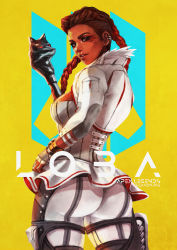 Rule 34 | 1girl, absurdres, apex legends, ass, backlighting, braid, breasts, character name, commentary, copyright name, corset, cropped jacket, dark skin, dark-skinned female, earrings, english commentary, eyelashes, eyeshadow, facial mark, fingerless gloves, from behind, gloves, hair slicked back, highres, jewelry, large breasts, lips, loba (apex legends), looking at viewer, looking back, makeup, monori rogue, nose, pants, skin tight, solo, staff, thick eyebrows, thighhighs, twin braids, undercut, white pants