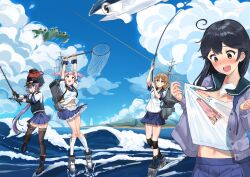 Rule 34 | 4girls, aircraft, aircraft request, airplane, akebono (kancolle), akebono kai ni (kancolle), apron, bandaid, bandaid on face, bell, black hair, black thighhighs, black vest, blue eyes, blue sailor collar, blue skirt, blue sky, butterfly net, cardigan, cloud, collar, commentary request, cowboy shot, day, fish, fishing, fishing rod, flower, flying boat, frilled collar, frills, full body, hair bell, hair bobbles, hair flower, hair ornament, hand net, jingle bell, kantai collection, knee pads, light brown hair, long hair, machinery, multiple girls, oboro (kancolle), oboro kai (kancolle), open cardigan, open clothes, osananajimi neko, outdoors, pink eyes, pink hair, pleated skirt, puffy short sleeves, puffy sleeves, purple cardigan, purple eyes, purple hair, sailor collar, sazanami (kancolle), sazanami kai (kancolle), school uniform, serafuku, shirt tug, short hair, short sleeves, side ponytail, skirt, sky, smokestack, thighhighs, torn clothes, tuna, twintails, ushio (kancolle), very long hair, vest, waist apron, white apron, wrist cuffs