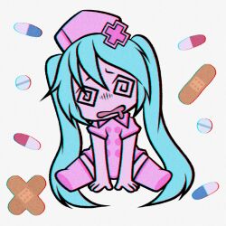 Rule 34 | 1girl, @ @, aqua hair, bandaid, capsule, chibi, chromatic aberration, commentary, cryptidhermit, dizzy, dress, drooling, english commentary, hat, hatsune miku, long hair, mouth drool, nurse, nurse cap, pill, pink dress, pink footwear, pink hat, sitting, solo, twintails, very long hair, vocaloid, white background