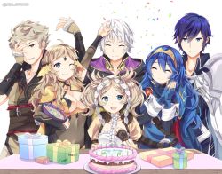 Rule 34 | 3boys, 3girls, ahoge, asymmetrical bangs, aunt and niece, birthday, birthday cake, blue eyes, bodystocking, breasts, brother and sister, cake, chrom (fire emblem), circlet, cousins, covered navel, family, father and daughter, fire emblem, fire emblem awakening, fire emblem fates, food, grandmother and granddaughter, grey eyes, happy birthday, headdress, highres, lissa (fire emblem), lucina (fire emblem), medium breasts, min jeungi, multiple boys, multiple girls, nintendo, open mouth, ophelia (fire emblem), owain (fire emblem), robin (fire emblem), robin (male) (fire emblem), siblings, smile, tiara, upper body
