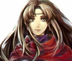 Rule 34 | 1girl, brown eyes, brown hair, cape, circlet, closed mouth, earrings, gensou suikoden, gensou suikoden i, headband, jewelry, long hair, looking at viewer, odessa silverberg, simple background, solo, white background