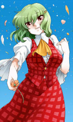 Rule 34 | 1girl, arm up, ascot, female focus, flower, green hair, hair ornament, hairclip, kazami yuuka, outstretched hand, petals, phenne, red eyes, shirt, short hair, skirt, skirt set, solo, touhou, vest