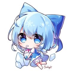 Rule 34 | 1girl, artist name, back, barefoot, bloomers, blue bow, blue dress, blue eyes, blue hair, blush, bow, bucket, chibi, cirno, commentary request, crystal, dress, eyes visible through hair, flying, food, from behind, hair between eyes, ice, ice cream, ice wings, jewelry, leg up, looking to the side, pudding (skymint 028), puffy short sleeves, puffy sleeves, shirt, short hair, short sleeves, simple background, snowflakes, solo, spoon, touhou, underwear, white background, white shirt, wings