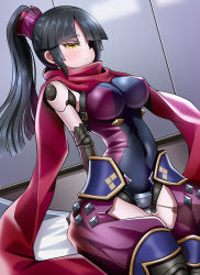 Rule 34 | 1girl, absurdres, armor, black hair, blunt bangs, blush, breasts, closed mouth, covered navel, eyepatch, fate/grand order, fate (series), highres, indoors, japanese armor, japanese clothes, joints, katou danzou (fate), large breasts, long hair, navel, parted bangs, ponytail, purple scarf, robot joints, scarf, sekai saisoku no panda, sidelocks, sitting, solo, straight hair, yellow eyes
