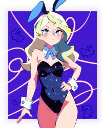 Rule 34 | 1girl, animal ear hairband, animal ears, black leotard, blizzard (b1iz4rd), blonde hair, blue background, blue eyes, commentary, covered navel, detached collar, diana cavendish, english commentary, fake animal ears, hairband, hand on own hip, highres, leotard, little witch academia, long hair, looking at viewer, outside border, playboy bunny, print leotard, rabbit ears, solo, standing, star (symbol), star print, strapless, strapless leotard, white background, wrist cuffs
