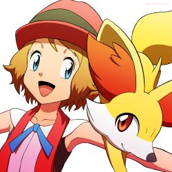 Rule 34 | 1girl, :d, bare arms, blonde hair, blue eyes, blue ribbon, collarbone, commentary request, creatures (company), eyelashes, fennekin, game freak, gen 6 pokemon, hat, highres, kuroki shigewo, looking to the side, neck ribbon, nintendo, open mouth, outstretched arms, pokemon, pokemon (anime), pokemon (creature), pokemon xy (anime), ribbon, serena (pokemon), short hair, simple background, sleeveless, smile, tongue, white background