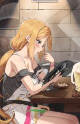 Rule 34 | 1girl, aki rosenthal, aki rosenthal (gaming casual), alcohol, bare shoulders, beer, beer mug, black shirt, blonde hair, blue eyes, blush, bracelet, breasts, cleavage, cup, from side, harry (dudwofla), highres, hololive, indoors, jewelry, large breasts, lips, long hair, low twintails, menu board, mug, nail polish, open mouth, pink nails, shirt, short sleeves, sitting, skirt, solo, suspender skirt, suspenders, table, twintails, virtual youtuber, white skirt, wooden table