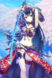 Rule 34 | 10s, 1girl, arm up, armor, armpits, black hair, breasts, chain chronicle, cleavage, cleavage cutout, clothing cutout, collar, floral print, hair ribbon, holding, holding sword, holding weapon, horns, long hair, looking at viewer, midriff, navel, oni, oni horns, original, red eyes, revision, ribbon, senoo aoi, sheath, single thighhigh, smile, solo, spiked collar, spikes, standing, sword, thigh gap, thighhighs, very long hair, weapon