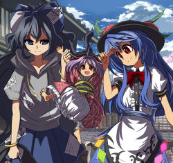 Rule 34 | 1boy, 4girls, ahoge, bangle, barefoot, blouse, blue bow, blue eyes, blue hair, blue skirt, blue sky, bow, bowl, bowl hat, bowtie, bracelet, building, cherry blossoms, cloud, collarbone, commentary request, day, debt, faceless, faceless male, food, frills, fruit, grey hoodie, hair bow, hat, hinanawi tenshi, holding, holding another&#039;s arm, hood, hoodie, human village (touhou), japanese clothes, jewelry, kimono, leaf, lifting person, long hair, long sleeves, looking at viewer, multiple girls, obi, open mouth, outdoors, peach, puffy short sleeves, puffy sleeves, purple hair, red bow, red eyes, red kimono, red neckwear, sash, shirt, short hair, short sleeves, sidelocks, skirt, sky, smile, sukuna shinmyoumaru, syope, touhou, very long hair, white shirt, wide sleeves, yorigami shion