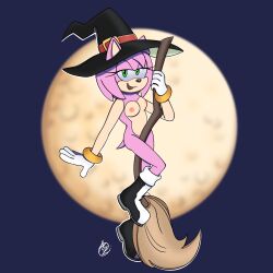 Rule 34 | amy rose, boots, boots only, breasts, broom, broom riding, furry, furry female, hat, highres, innotsu, medium breasts, moon, nude, smug, sonic (series), witch, witch hat