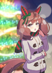 Rule 34 | 1girl, alternate costume, animal ears, blurry, blurry background, bow, breasts, christmas tree, coat, commentary request, ear bow, ear covers, green bow, green scarf, harakomeshi, highres, horse ears, horse girl, horse tail, lens flare, long sleeves, looking at viewer, medium breasts, medium hair, multicolored hair, nice nature (umamusume), open mouth, outdoors, pom pom (clothes), red hair, red scarf, scarf, smile, solo, streaked hair, striped clothes, striped scarf, tail, twintails, umamusume, white coat, winter clothes, winter coat