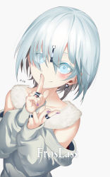 Rule 34 | 1girl, aqua eyes, aqua hair, bad id, bad pixiv id, blush, bob cut, breasts, colored eyelashes, dress, earrings, eyelashes, eyes visible through hair, highres, jewelry, nail, original, own hands together, ring, short hair, simple background, small breasts, solo, split mouth, white background, yaoku