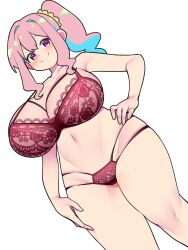 Rule 34 | 1girl, bellupup, bra, hand on own hip, hand on own thigh, highres, hozuki kaede, navel, onii-chan wa oshimai!, panties, pink hair, simple background, smile, solo, stomach, underwear, underwear only