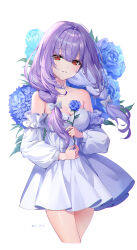 Rule 34 | 1girl, atsuko (blue archive), blue archive, blue flower, blue rose, bow, braid, breasts, detached sleeves, dress, flower, frilled sleeves, frills, hair bow, highres, holding, holding flower, long sleeves, low twin braids, medium breasts, pink hair, puffy long sleeves, puffy sleeves, red eyes, rity, rose, short dress, solo, strapless, strapless dress, twin braids, twitter username, white background, white bow, white dress