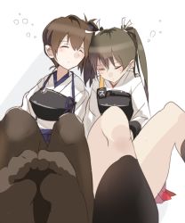 Rule 34 | 10s, 2girls, bad id, bad pixiv id, brown hair, feet, fujibejifu, hair ribbon, heads together, kaga (kancolle), kantai collection, leaning on person, long hair, multiple girls, no shoes, ribbon, side-by-side, sitting, sleeping, sleeping on person, tasuki, thighhighs, twintails, zuikaku (kancolle)