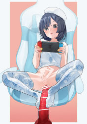 Rule 34 | 1boy, ahegao pattern, ass, bar censor, black eyes, black hair, border, bottomless, censored, chair, dildo, erection, feet, gaming chair, hair ornament, hairclip, handheld game console, highres, holding, holding handheld game console, large penis, male focus, meme attire, mubo, nail polish, nintendo switch, original, penis, pink background, red dildo, sex toy, shirt, sleeveless, solo, swivel chair, thighhighs, trap, white border, white headwear, white shirt, white thighhighs, yellow nails