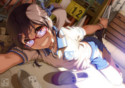 Rule 34 | 1girl, aoi sora (pairan), blush, brown eyes, brown hair, face, feet, glasses, grin, gym storeroom, gym uniform, hair ornament, hair ribbon, hairclip, hands on feet, long hair, lying, midriff, on side, original, pairan, ribbon, shoes, unworn shoes, shorts, smile, sneakers, soles, solo, stretching, twintails