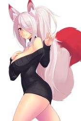 Rule 34 | animal ear fluff, animal ears, bare shoulders, black sweater, breasts, commentary, commission, detached collar, english commentary, eyes visible through hair, facial mark, fox ears, fox shadow puppet, fox tail, from side, hair over one eye, hand on own chest, hands up, highres, kazukoto, legs apart, long hair, long sleeves, looking at viewer, medium breasts, off-shoulder sweater, off shoulder, original, parted lips, red eyes, solo, standing, sweater, tail, transparent background, very long hair, whisker markings, white hair