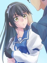 Rule 34 | 1boy, 1girl, anchor print, asymmetrical gloves, black gloves, black hair, blue jacket, blue neckwear, blue sailor collar, bow, collared shirt, frown, gloves, hair between eyes, hair bow, hairband, hand on another&#039;s cheek, hand on another&#039;s face, highres, jacket, kuronuma, long hair, long sleeves, official alternate costume, print shirt, sailor collar, sailor shirt, school uniform, shirt, single glove, solo focus, striped bow, striped clothes, striped hairband, tales of (series), tales of berseria, uneven gloves, velvet crowe, very long hair, white shirt, yellow eyes