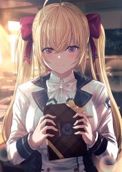 Rule 34 | 1girl, absurdres, ahoge, blonde hair, blurry, blurry background, blush, bow, box, breasts, chair, closed mouth, collared shirt, commentary request, depth of field, desk, dress shirt, gift, gift box, hair between eyes, hair bow, hands up, highres, holding, holding gift, huge filesize, indoors, jacket, long hair, long sleeves, looking at viewer, medium breasts, misaki nonaka, nijisanji, red bow, red eyes, school chair, school desk, shirt, smile, solo, takamiya rion, takamiya rion (1st costume), twintails, upper body, valentine, very long hair, virtual youtuber, white bow, white jacket, white shirt, yellow bow