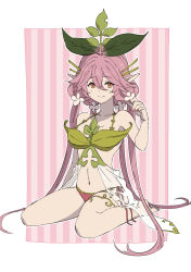 Rule 34 | 1girl, bare shoulders, barefoot, bikini, breasts, cleavage, closed mouth, full body, granblue fantasy, hand up, leaf bikini, long hair, looking at viewer, medium breasts, mifuta, navel, orange eyes, pink hair, pointy ears, quad tails, sidelocks, sitting, smile, solo, sprout on head, swimsuit, very long hair, wariza, yggdrasil (granblue fantasy)