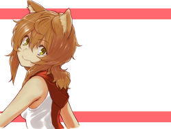 Rule 34 | 1girl, animal ears, bare shoulders, breasts, brown hair, commentary request, dog ears, dungeon ni deai wo motomeru no wa machigatteiru darou ka, from side, hair between eyes, liliruca arde, looking at viewer, looking back, medium breasts, medium hair, menomorute, negative space, red scarf, scarf, shirt, sideboob, smile, solo, striped, striped background, tank top, upper body, white background, white shirt, yellow eyes