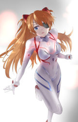 Rule 34 | 1girl, absurdres, blue eyes, breasts, brown hair, covered navel, dutch angle, evangelion: 3.0+1.0 thrice upon a time, eyepatch, hair over one eye, highres, interface headset, long hair, looking at viewer, medium breasts, neon genesis evangelion, open mouth, plugsuit, rebuild of evangelion, shirogane (shirogane eishi), solo, souryuu asuka langley, standing, standing on one leg, white background