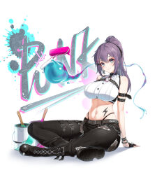 Rule 34 | 1girl, aeri (closers), aqua eyes, arm belt, arm support, bare shoulders, belt, black choker, black footwear, black gloves, black pants, boots, breasts, buttons, chain, chest harness, choker, closed mouth, closers, crop top, cross-laced footwear, earrings, fingerless gloves, glint, gloves, hair ornament, hairclip, harness, highleg, highres, indian style, jewelry, knee boots, large breasts, leg belt, lightning bolt symbol, long hair, looking at viewer, midriff, mole, mole under mouth, navel, non-web source, official art, pants, panty straps, ponytail, purple hair, ribbed shirt, shirt, sitting, skindentation, sleeveless, sleeveless shirt, smile, solo, stomach, studded belt, studded bracelet, tattoo, torn clothes, torn pants, white shirt