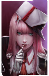 Rule 34 | 10s, 1girl, aqua eyes, candy, collared coat, collared shirt, darling in the franxx, food, gloves, green eyes, highres, lips, lollipop, long hair, looking at viewer, necktie, parted lips, pink hair, red necktie, shirt, solo, upper body, viet le quoc, white gloves, white shirt, wing collar, zero two (darling in the franxx)