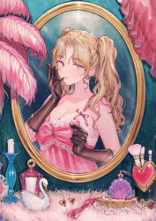 Rule 34 | 1girl, absurdres, animal ears, black gloves, blonde hair, breasts, camisole, commentary request, cosmetics, earrings, gloves, highres, jewelry, lipstick tube, long hair, looking at viewer, medium breasts, mirror, original, pink camisole, red eyes, reflection, solo, twintails, uni (melm)
