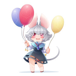 Rule 34 | 1girl, animal ears, balloon, bbb (33kudo), blue capelet, blush, breath, capelet, commentary request, crystal, egg vibrator, eyes visible through hair, flat chest, full body, grey hair, grey skirt, grey vest, hair between eyes, highres, holding, holding balloon, jewelry, long sleeves, looking at viewer, medium bangs, mouse ears, mouse girl, mouse tail, nazrin, no panties, object insertion, open mouth, pendant, red eyes, sex toy, shirt, short hair, simple background, skirt, smile, solo, standing, tail, touhou, vaginal, vaginal object insertion, vest, vibrator, vibrator in thigh strap, white background, white shirt