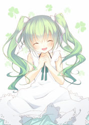 Rule 34 | 1girl, ^ ^, alternate costume, closed eyes, dress, closed eyes, female focus, green hair, hair ribbon, happy, hatsune miku, long hair, nana mikoto, plant, ribbon, smile, solo, twintails, vocaloid, white background