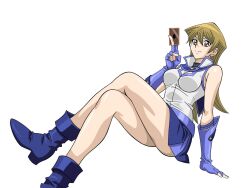 Rule 34 | 1girl, artist request, ass, bare legs, bare shoulders, blonde hair, breasts, card, crossed legs, fingerless gloves, gloves, invisible chair, large breasts, long hair, looking at viewer, miniskirt, obelisk blue uniform, official style, playing card, shiny skin, simple background, sitting, skirt, solo, tenjouin asuka, upskirt, very long hair, white background, wide hips, yu-gi-oh!