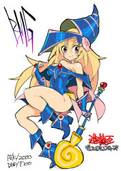 Rule 34 | 1girl, adapted costume, artist request, ass, bare legs, bare shoulders, blonde hair, blue footwear, blue hat, blue leotard, bottomless, breasts, character name, cleavage, curvy, dark magician girl, dress, duel monster, full body, green eyes, hat, highleg, highleg leotard, holding, holding staff, large breasts, leotard, long hair, looking at viewer, magical girl, revealing clothes, shiny skin, smile, solo, staff, very long hair, witch, witch hat, yu-gi-oh!