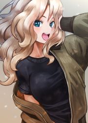 Rule 34 | abazu-red, black shirt, blonde hair, blue eyes, brown jacket, commentary, girls und panzer, hand in own hair, jacket, kay (girls und panzer), long hair, long sleeves, looking at viewer, military, military uniform, off shoulder, open clothes, open jacket, open mouth, saunders military uniform, shirt, short sleeves, smile, t-shirt, uniform, upper body, wind