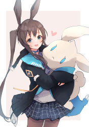 Rule 34 | 1girl, absurdres, amiya (arknights), animal ears, arknights, black jacket, blue eyes, brown hair, commentary request, cowboy shot, heart, highres, holding, holding stuffed toy, jacket, long hair, long sleeves, looking at viewer, open mouth, pantyhose, pleated skirt, ponytail, rabbit ears, sidelocks, simple background, skirt, smile, solo, stuffed animal, stuffed rabbit, stuffed toy, tokorinowa, white background