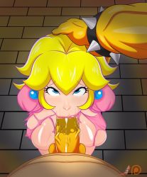 Rule 34 | 1boy, 1girl, artist logo, artist name, belly, blonde hair, blue eyes, bowser, bracelet, breasts, bursting breasts, earrings, erection, eyelashes, fellatio, floor, furrowed brow, hair between eyes, hand on another&#039;s head, highres, indoors, jewelry, large breasts, large penis, lips, looking up, madam stiletto, mario (series), medium hair, nintendo, nose, nostrils, oral, out of frame, patreon logo, penis, pink lips, pink shirt, pov, pov hands, princess peach, puffy short sleeves, puffy sleeves, saliva, shirt, short sleeves, solo focus, spiked bracelet, spikes, super mario bros. 1, testicles, torn clothes, torn shirt, upper body, veins, veiny penis