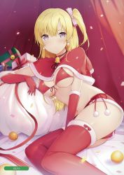 Rule 34 | 1girl, 6u (eternal land), absurdres, arm support, artist name, bell, bikini, blonde hair, blush, bow, box, breasts, capelet, choker, christmas, confetti, earrings, elbow gloves, front-tie bikini top, front-tie top, gift, gift box, gloves, hair bow, highres, jewelry, medium breasts, melonbooks, midriff, miniskirt, navel, parted lips, pom pom (clothes), ponytail, purple eyes, red thighhighs, sack, santa costume, scan, side ponytail, sitting, skindentation, skirt, solo, swimsuit, thighhighs, thighs, underboob