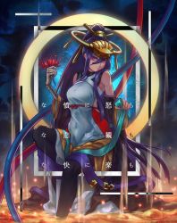 Rule 34 | 1girl, armpit peek, bare shoulders, black thighhighs, blazblue, breasts, closed mouth, covered navel, crown, detached sleeves, expressionless, flower, hades izanami, hair between eyes, hair ornament, holding, holding flower, japanese clothes, jewelry, long hair, looking at viewer, mikado (blazblue), lava, ponytail, purple hair, red eyes, red flower, rock, sash, sitting, skeletal arm, skirt, skull, small breasts, solo, thighhighs, very long hair