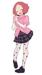 Rule 34 | 1girl, :d, black footwear, blush, brown hair, closed eyes, do m kaeru, layered sleeves, loafers, long sleeves, okumura haru, open mouth, pantyhose, persona, persona 5, pink sweater, plaid, plaid skirt, pleated skirt, print pantyhose, ribbed sweater, school uniform, shoes, short hair, short over long sleeves, short sleeves, shuujin academy school uniform, simple background, skirt, smile, solo, sweater, white background, white pantyhose