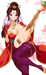 Rule 34 | 1girl, bracelet, brown hair, closed mouth, commission, commissioner upload, eyeshadow, facial mark, forehead mark, fu yaoqin (hero&#039;s adventure road of passion), hair bun, hands on own breasts, hero&#039;s adventure road of passion, highres, instrument, jewelry, long hair, lute (instrument), makeup, mature female, necklace, needle, non-web source, pantyhose, pixiv commission, purple pantyhose, rantia, smile, solo, thick thighs, thighlet, thighs, yellow footwear