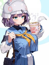 Rule 34 | 1girl, blue archive, blue eyes, blue sailor collar, blue skirt, blush, breasts, chopsticks, closed mouth, combat helmet, eating, food, green halo, grey headwear, halo, helmet, holding, holding chopsticks, large breasts, long sleeves, medium hair, neckerchief, nissin cup noodle, noodles, pleated skirt, product placement, purple hair, sailor collar, saki (blue archive), sakurai energy, skirt, solo, stahlhelm, two-tone skirt, white skirt, yellow neckerchief