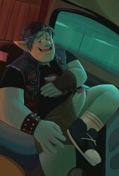 Rule 34 | 1boy, bara, barley lightfoot, beanie, blue hair, blue skin, blush, car interior, clothing aside, colored skin, erection, facial hair, fat, fat man, foot out of frame, goatee stubble, half-closed eyes, hat, highres, honeyhoneyjoe, looking at viewer, male focus, onward, penis, penis slip, pointy ears, seductive smile, short hair, shorts, shorts aside, smile, solo, spread legs, stubble, thick eyebrows, uncensored